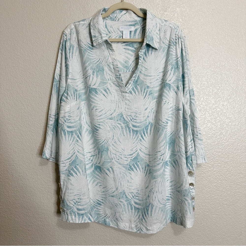 Martha Stewart Linen Blend White Aqua Palm 3/4 Sleeves Blouse, Size 1X